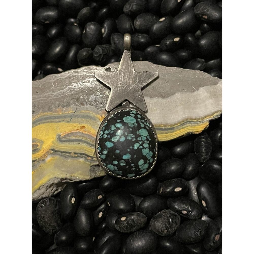 Signed Native American Sterling Silver Spiderweb Turquoise Web Star Pendant